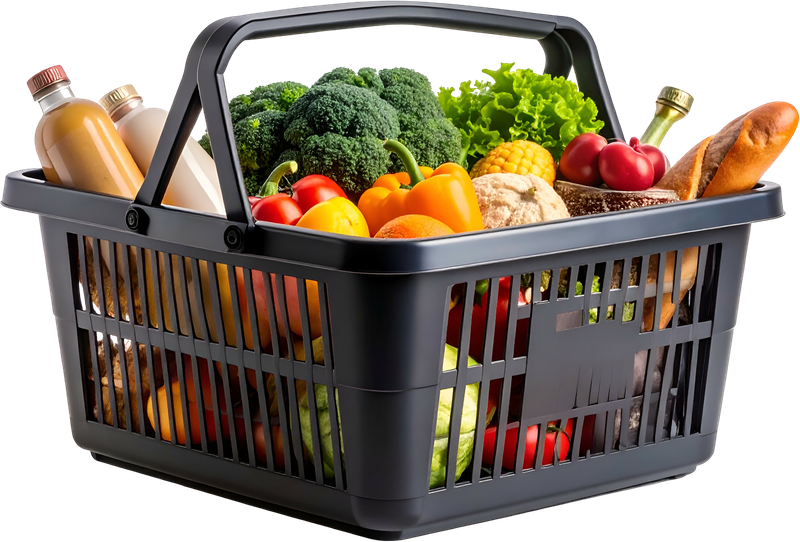 A bountiful woven basket overflows with fresh produce, bread, and jars